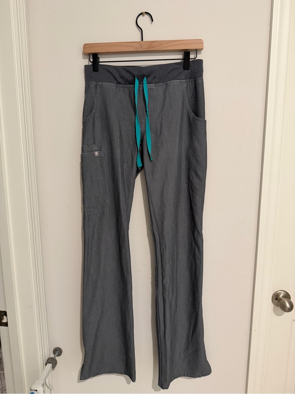 Figs Gray Drawstring Cargo Pants with Teal Accent